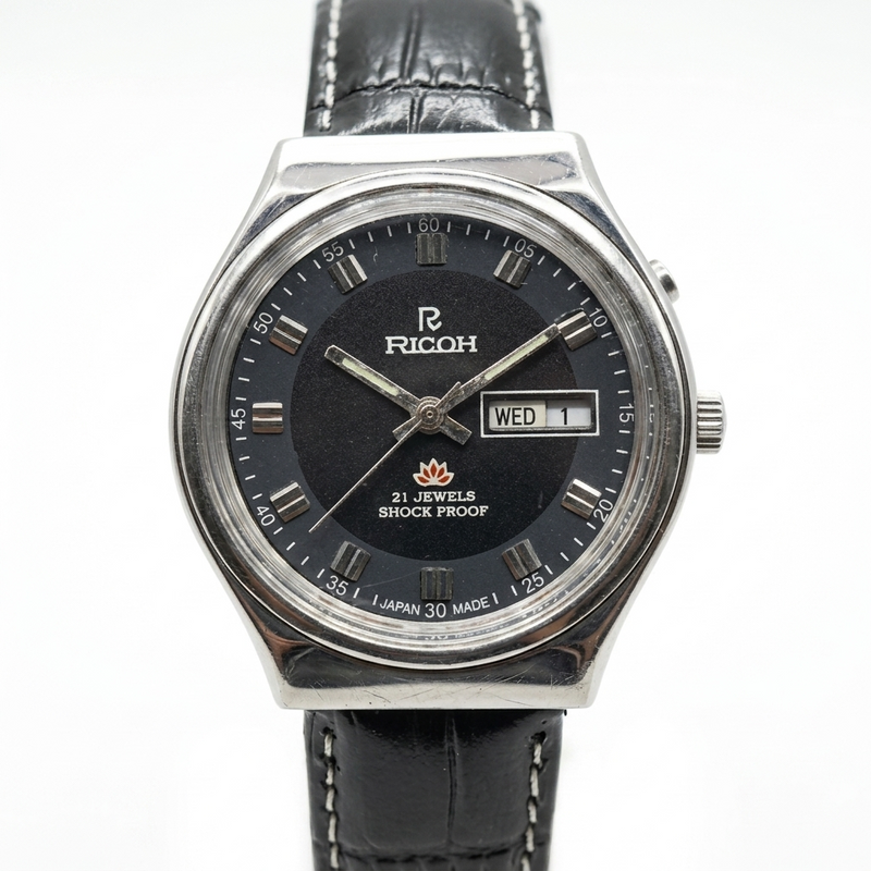 Vintage Ricoh R31 Automatic Black Face New Strap 21 Jewels Day-Date Men's Wrist Watch R15