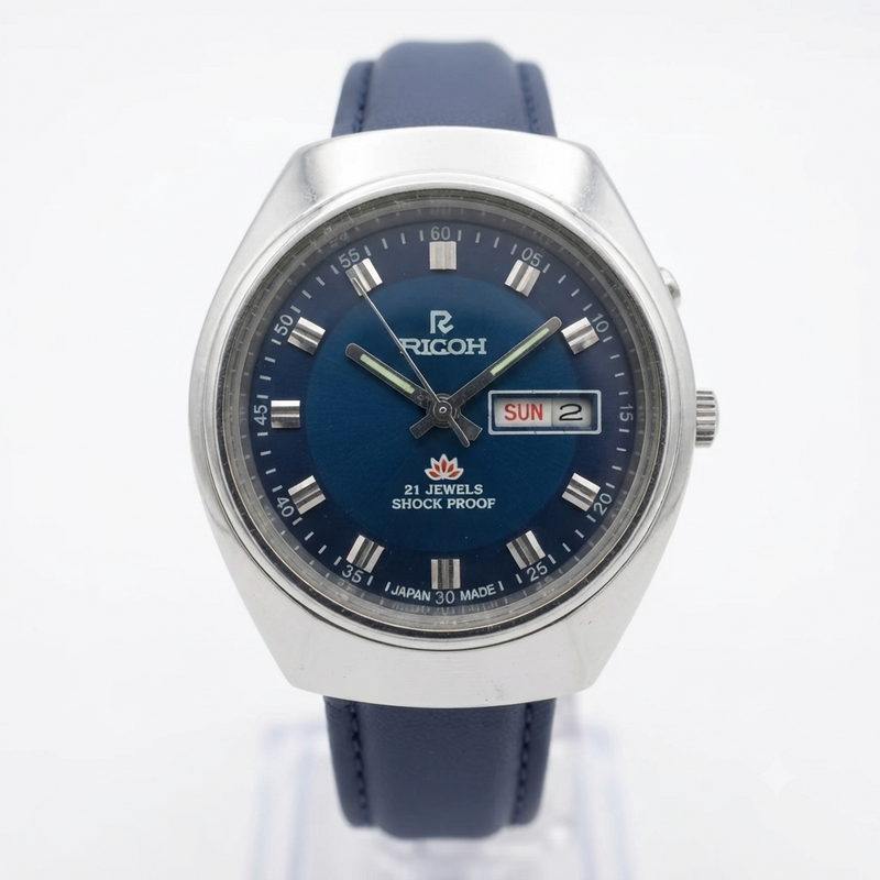 Vintage Ricoh R31 Automatic Blue Face New Strap 21 Jewels Day-Date Men's Wrist Watch R101