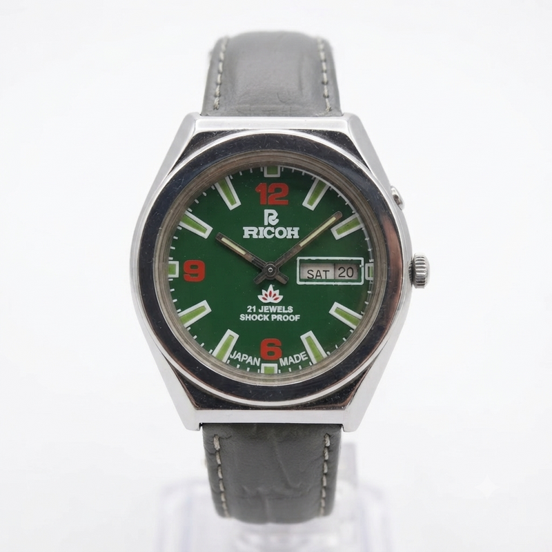 Vintage Ricoh R31 Automatic Green Face Green Strap 21 Jewels Day-Date Men's Wrist Watch R99