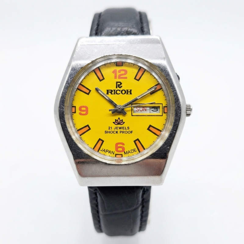 Vintage Ricoh R31 Automatic Yellow Face New Strap 21 Jewels Day-Date Men's Wrist Watch R08
