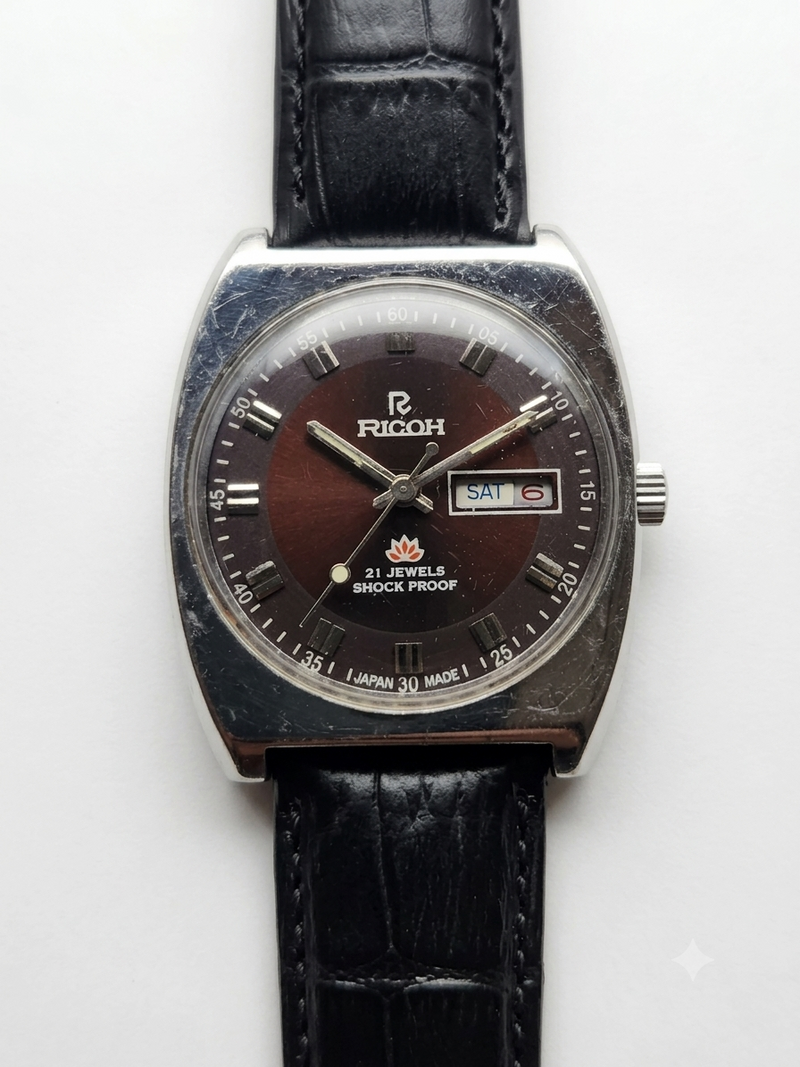Vintage Ricoh R31 Automatic Brown Face New Strap 21 Jewels Day-Date Men's Wrist Watch AS16
