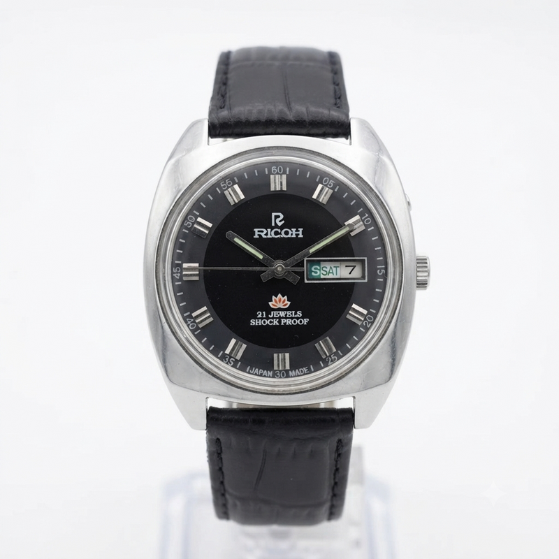 Vintage Ricoh R31 Automatic Black Face New Strap 21 Jewels Day-Date Men's Wrist Watch R104