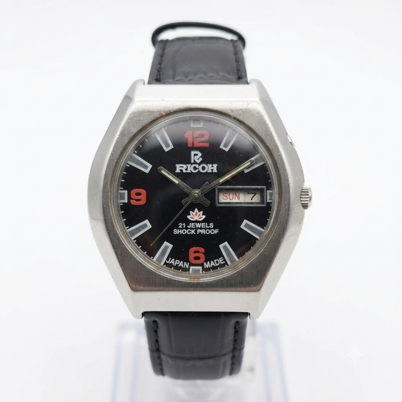 Vintage Ricoh R31 Automatic Black Face New Strap 21 Jewels Day-Date Men's Wrist Watch R113