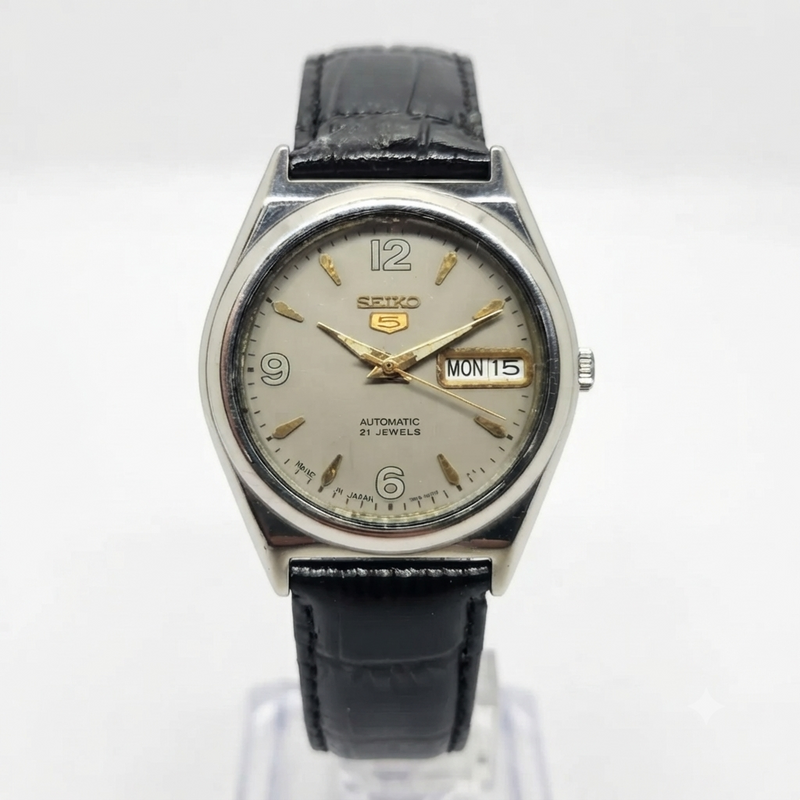Vintage 1998 Original Seiko 5 Automatic 7s26-0070 Grey Face 21 Jewels Day-Date Japanese Men's Wrist Watch OG284