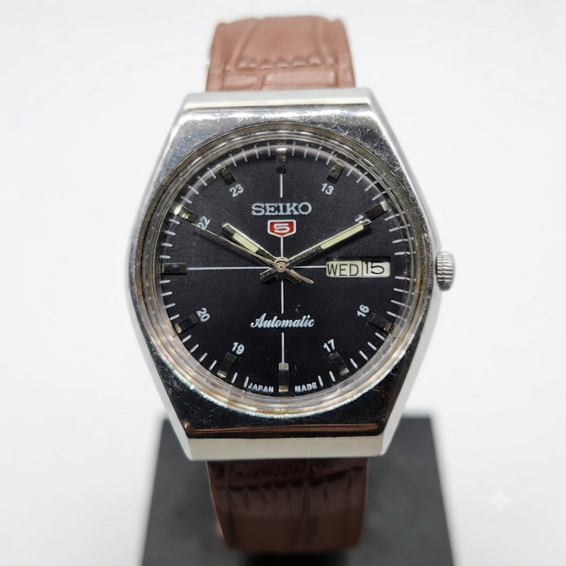 Vintage 1980 Original Seiko 5 Automatic 6309 Repainted Black Face 17 Jewels Day-Date Japanese Men's Wrist Watch VS32