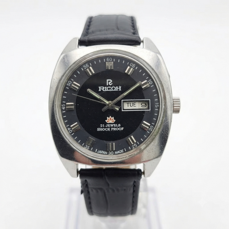 Vintage Ricoh R31 Automatic Black Face New Strap 21 Jewels Day-Date Men's Wrist Watch R115