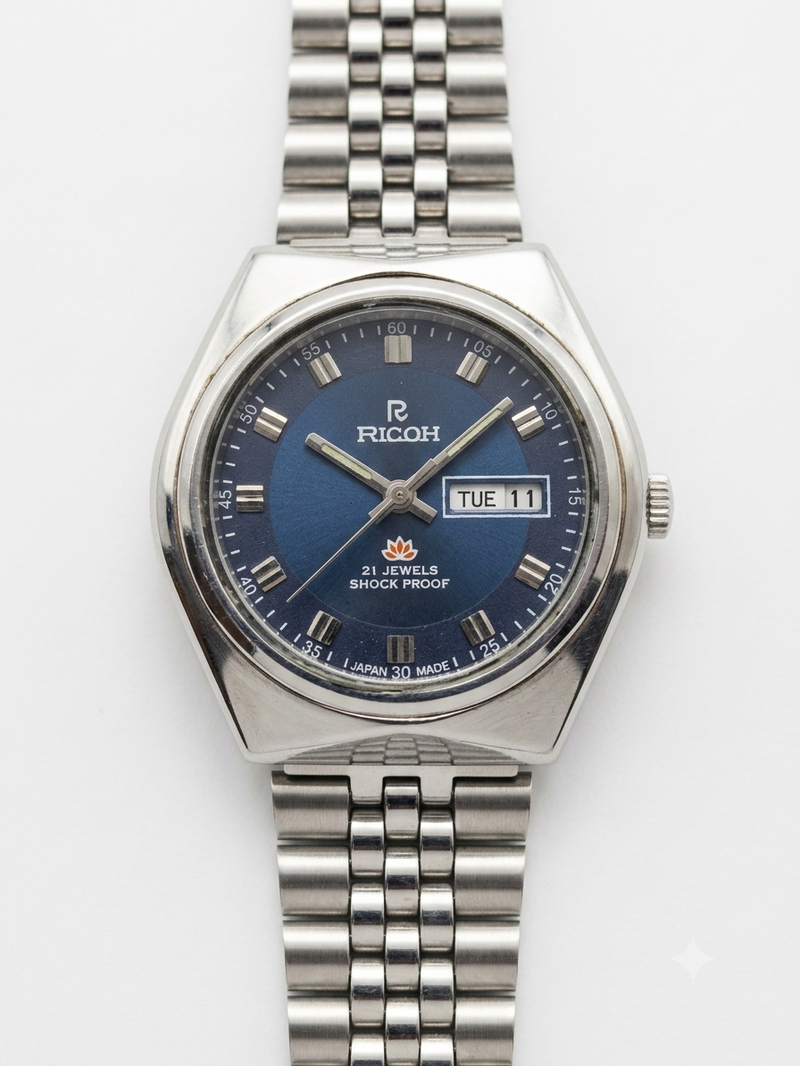 Vintage Ricoh R31 Automatic Blue Face New Bracelet 21 Jewels Day Date Men's Wrist Watch AS01