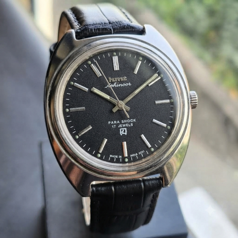 Vintage Original HMT Kohinoor Hand Winding 17 Jewels Black Face Men's Wrist Watch HM160