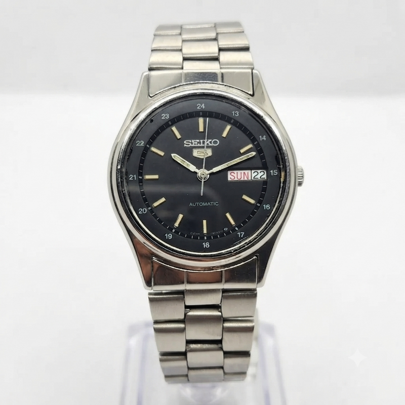 Vintage 1985 Original Seiko 5 Automatic 6309-523A Black 17 Jewels Day-Date Japanese Men's Wrist Watch OG212