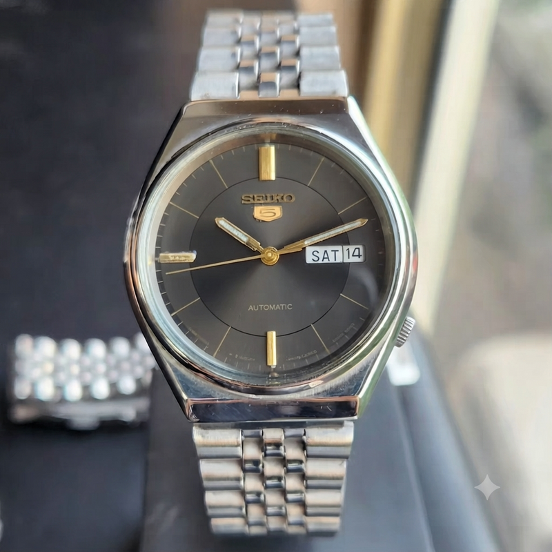 Vintage 1982 Original Seiko 5 Automatic 6309-8820 Black Face 17 Jewels Day-Date Japanese Men's Wrist Watch SK17