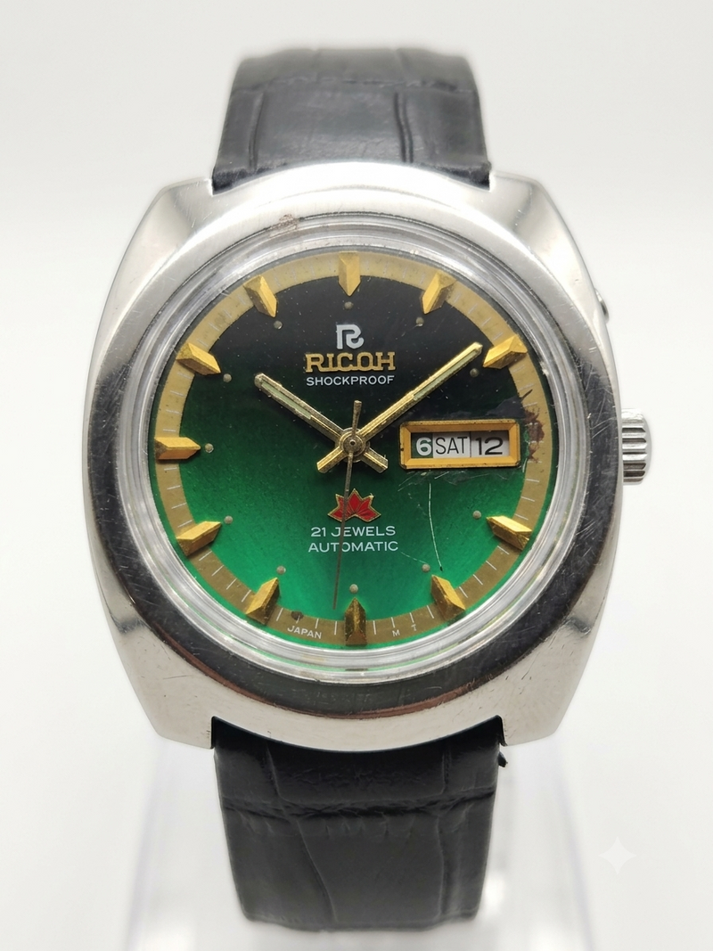 Vintage Ricoh R31 Automatic Green Face New Strap 21 Jewels Day-Date Men's Wrist Watch AS35