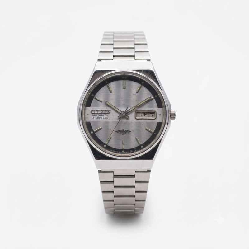 Vintage 1983 Original Citizen Automatic 8200 Grey Face 35MM case Day-Date Japanese Men's Wrist Watch CT120