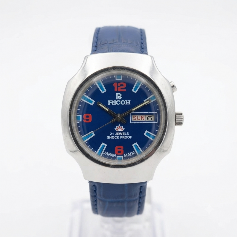 Vintage Ricoh R31 Automatic Blue Face New Strap 21 Jewels Day-Date Men's Wrist Watch R107