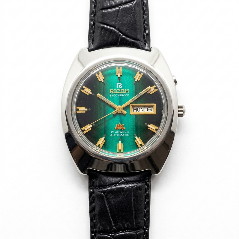 Vintage Ricoh R31 Automatic Green Face New Strap 21 Jewels Day-Date Men's Wrist Watch R22