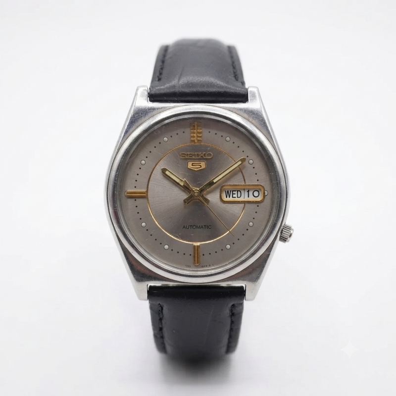 Vintage 1997 Original Seiko 5 Automatic 7s26-8210 silver face 21 Jewels Day-Date Japanese Men's Wrist Watch OG23