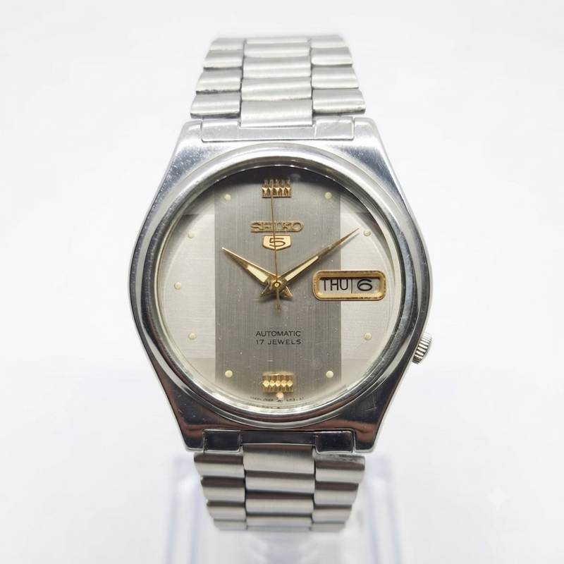 Vintage 1985 Original Seiko 5 Automatic 7009-3171 Grey Face 17 Jewels Day-Date Japanese Men's Wrist Watch SA70