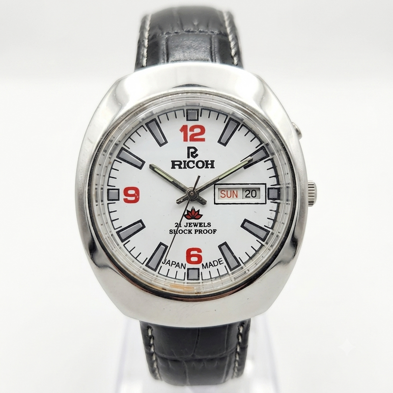 Vintage Ricoh R31 Automatic White Face New Strap 21 Jewels Day-Date Men's Wrist Watch R12