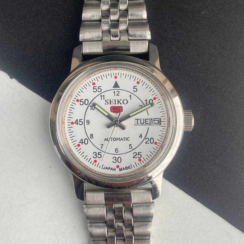 Vintage Mod Seiko 5 Automatic 6309A 17 Jewels Japan Men's Day-Date White Face Wrist Watch E47