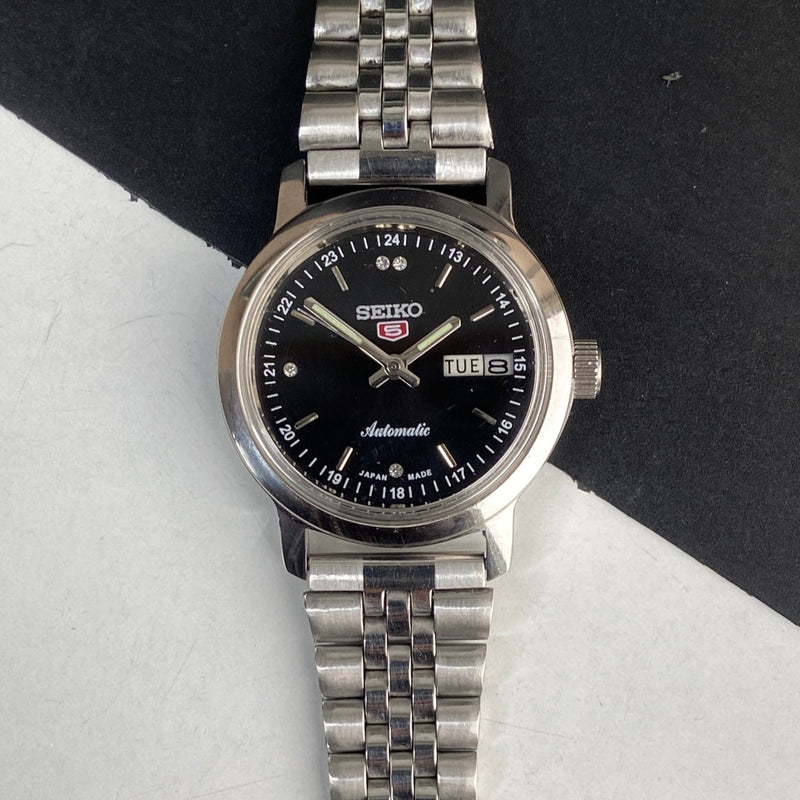 Vintage Mod Seiko 5 Automatic 6309A 17 Jewels Japan Men's Day-Date Black Face Wrist Watch E49