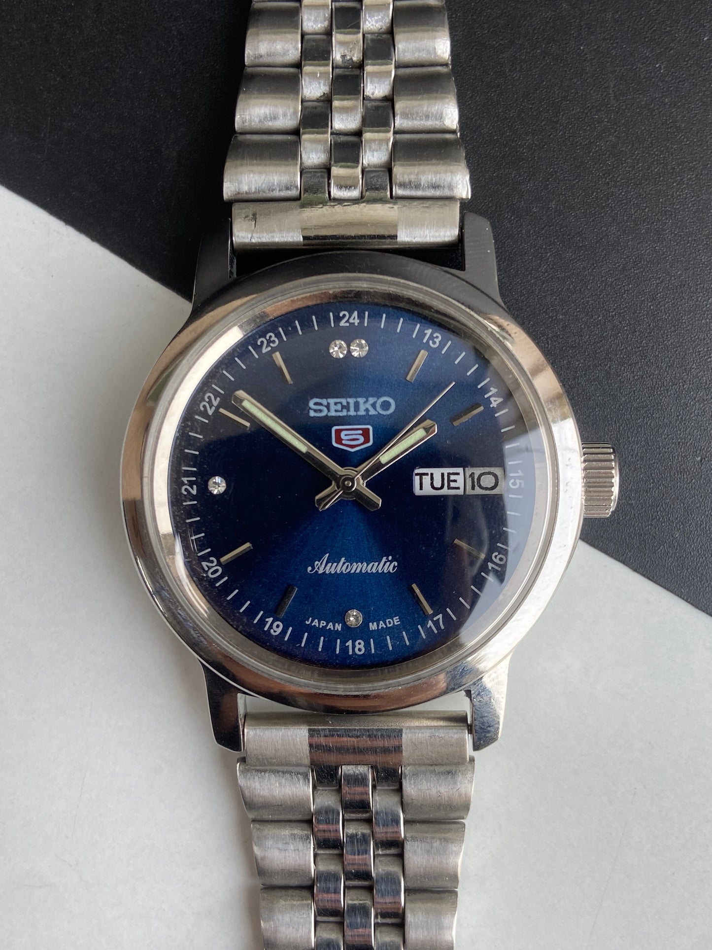 Vintage Mod Seiko 5 Automatic 6309A 17 Jewels Japan Men's Day-Date Blue Face Wrist Watch E55