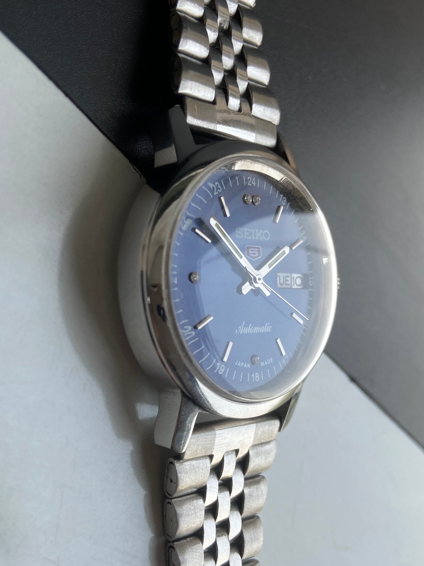 Vintage Mod Seiko 5 Automatic 6309A 17 Jewels Japan Men's Day-Date Blue Face Wrist Watch E55