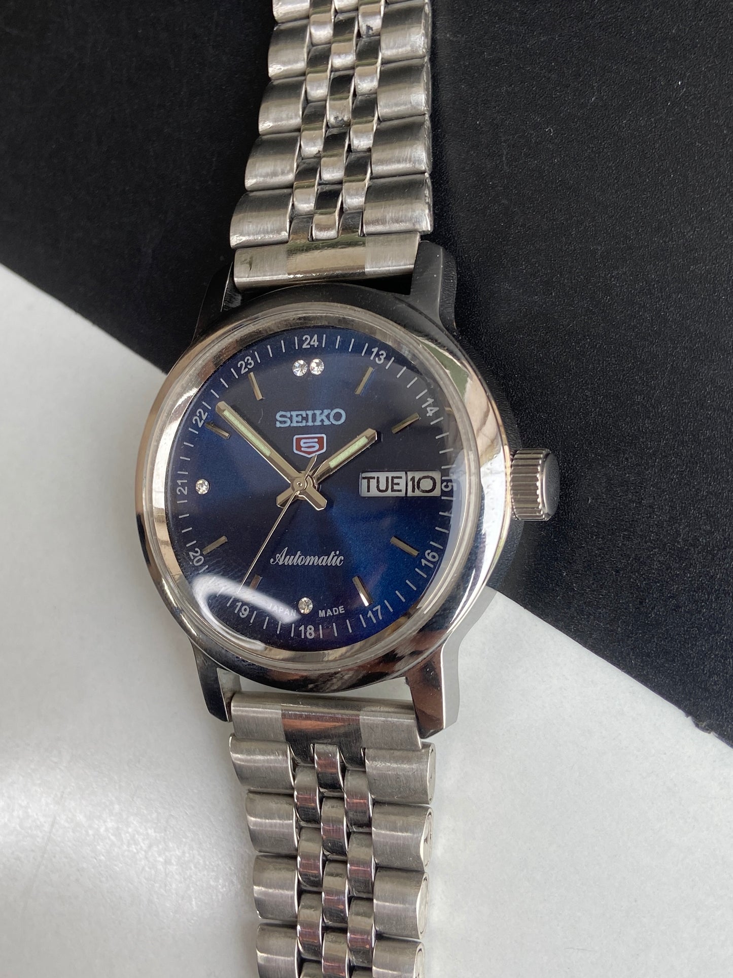 Vintage Mod Seiko 5 Automatic 6309A 17 Jewels Japan Men's Day-Date Blue Face Wrist Watch E55