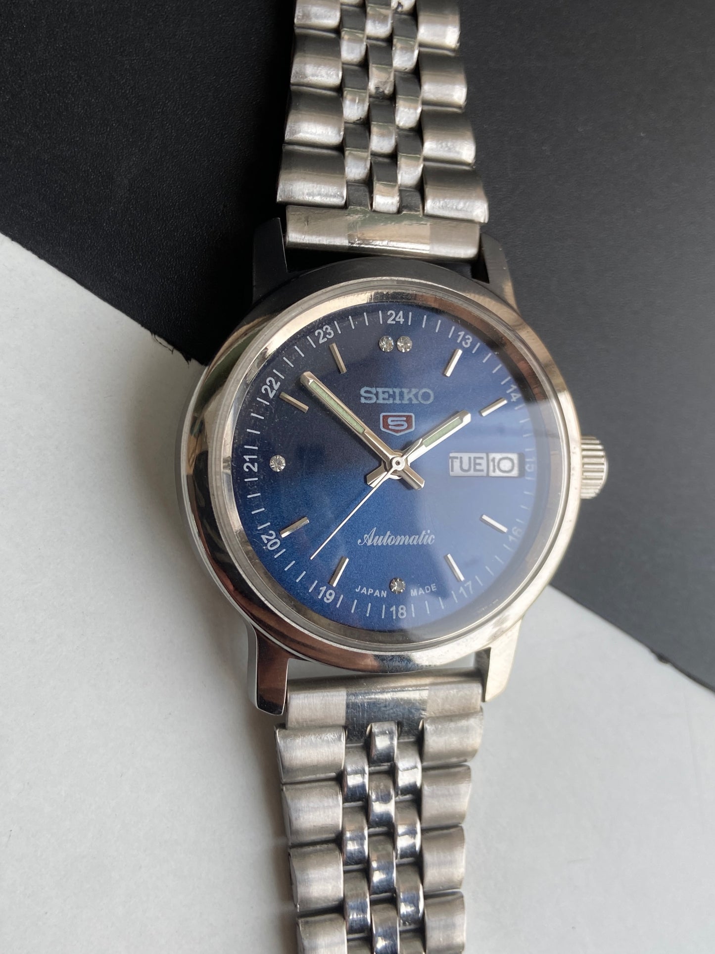 Vintage Mod Seiko 5 Automatic 6309A 17 Jewels Japan Men's Day-Date Blue Face Wrist Watch E55