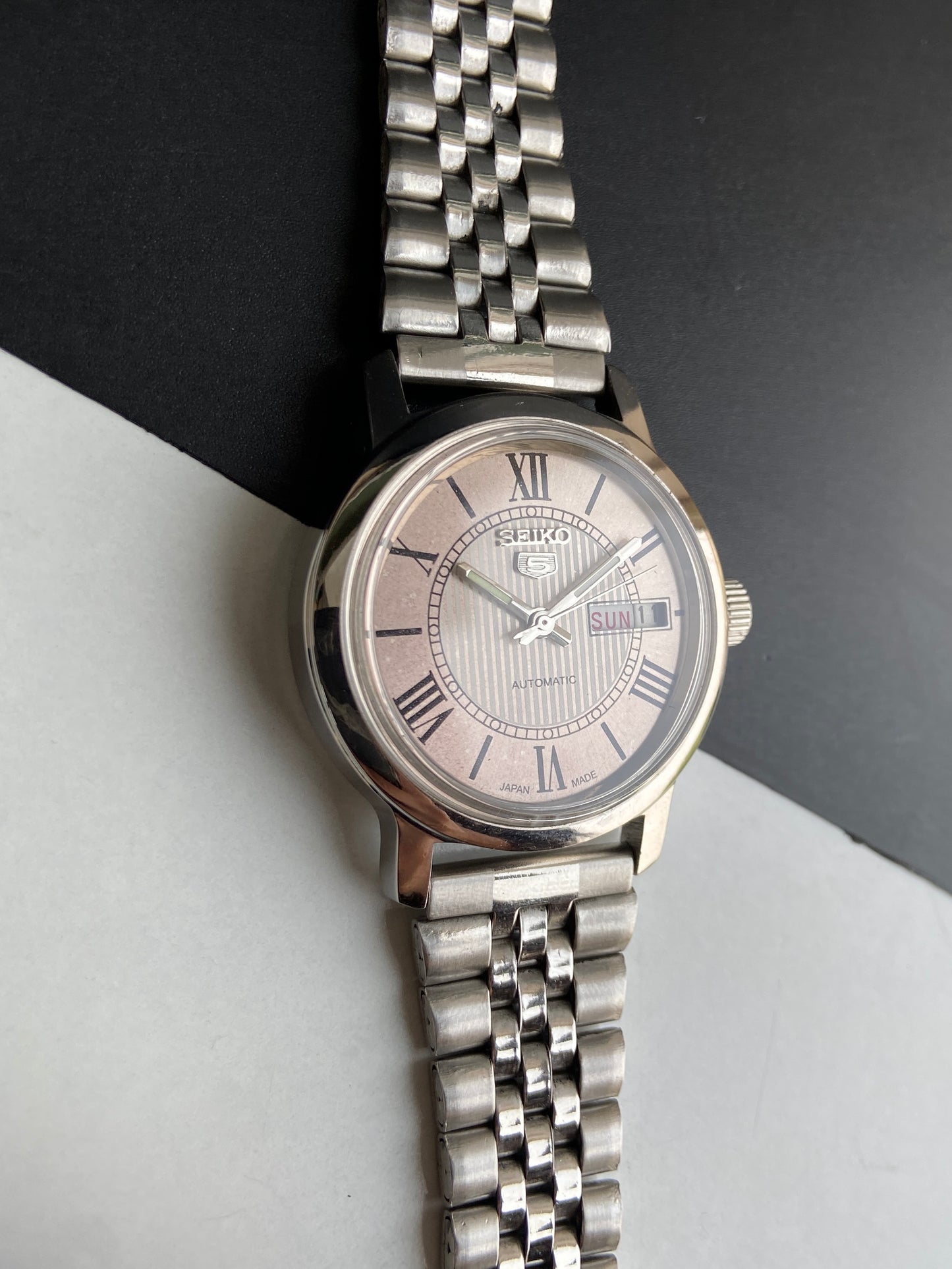 Vintage Mod Seiko 5 Automatic 6309A 17 Jewels Japan Men's Day-Date Silver Face Wrist Watch E71