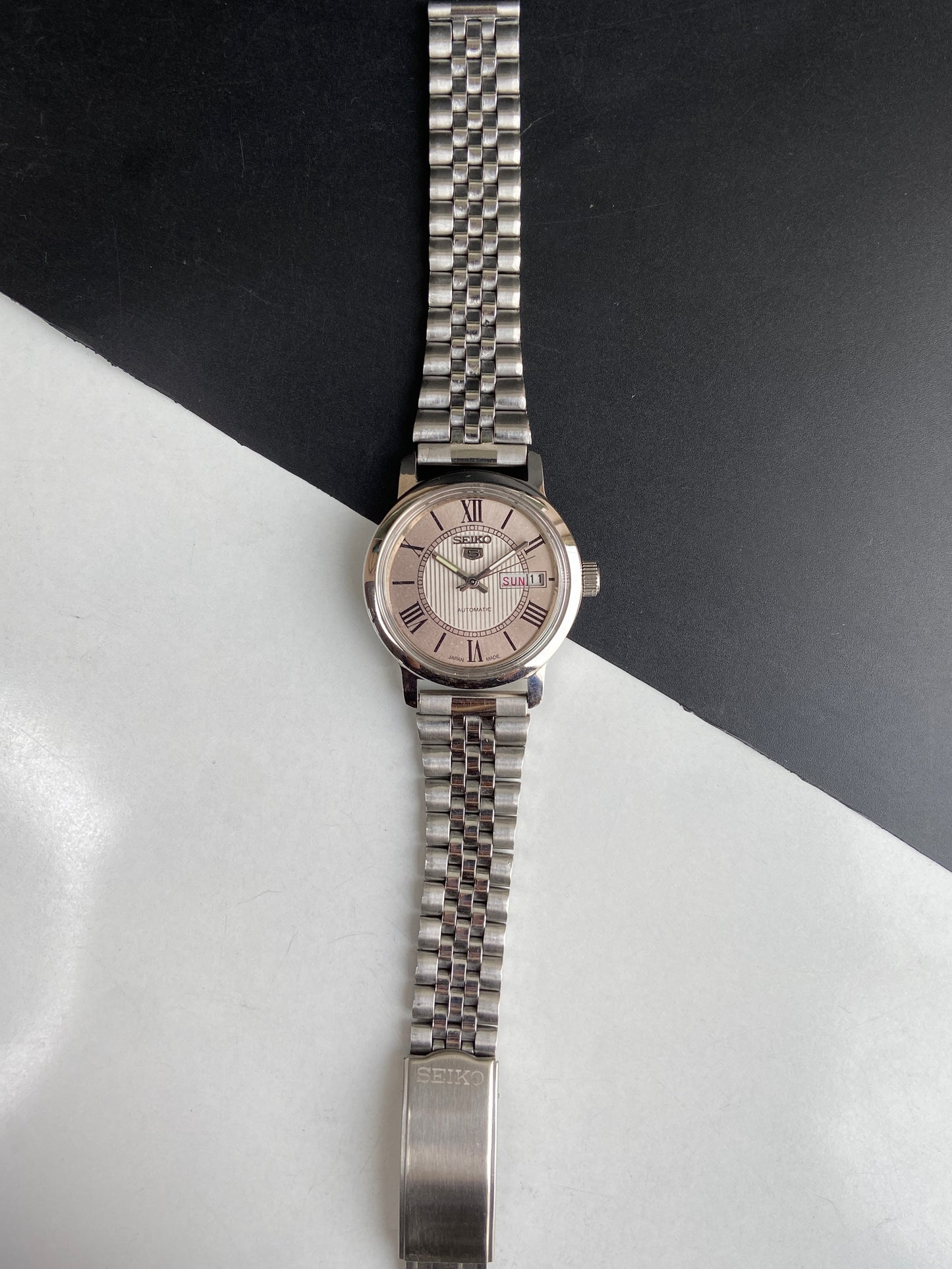 Vintage Mod Seiko 5 Automatic 6309A 17 Jewels Japan Men's Day-Date Silver Face Wrist Watch E71
