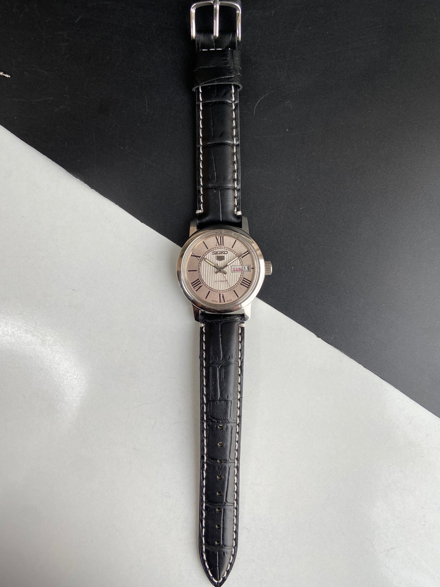 Vintage Mod Seiko 5 Automatic 6309A 17 Jewels Japan Men's Day-Date Silver Face Wrist Watch E71