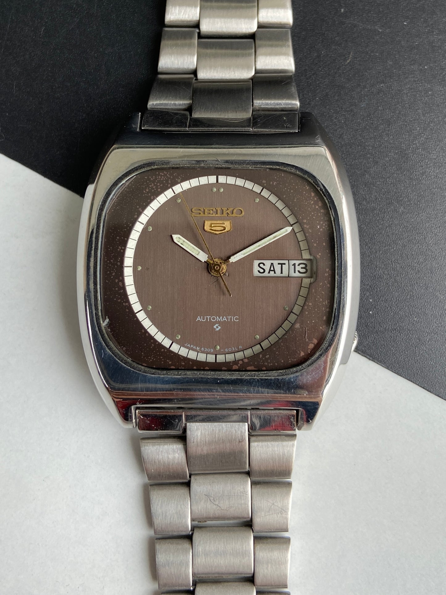 Vintage 1980 Original Seiko 5 Automatic 6309-603C Black Face Day-Date Japanese Men's Wrist Watch E79