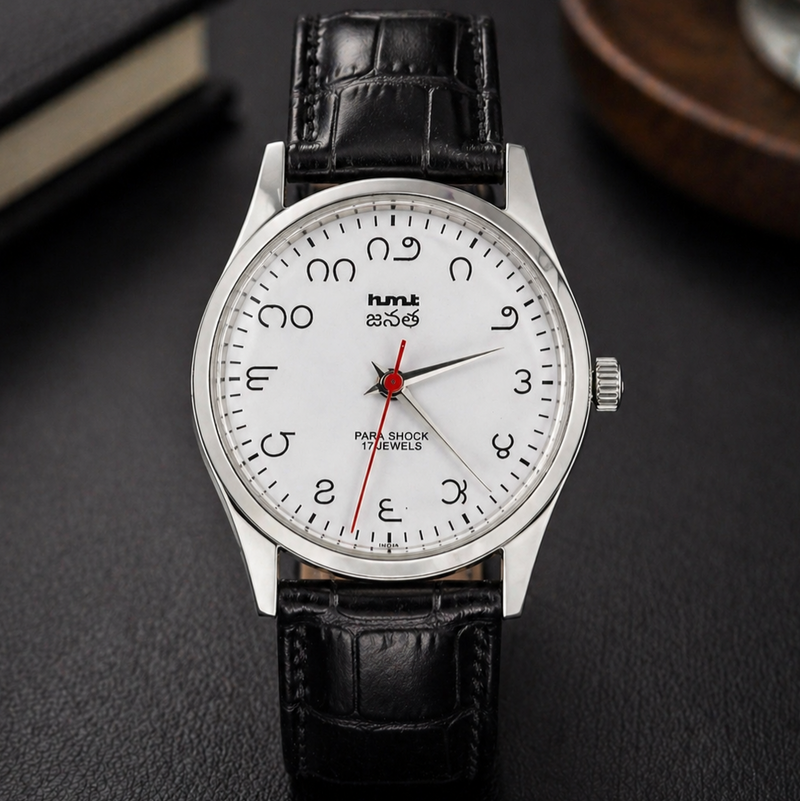 Vintage MOD HMT Janata Telugu Hand Winding 17 Jewels White Face Black Leather Strap Men's Wrist Watch S118