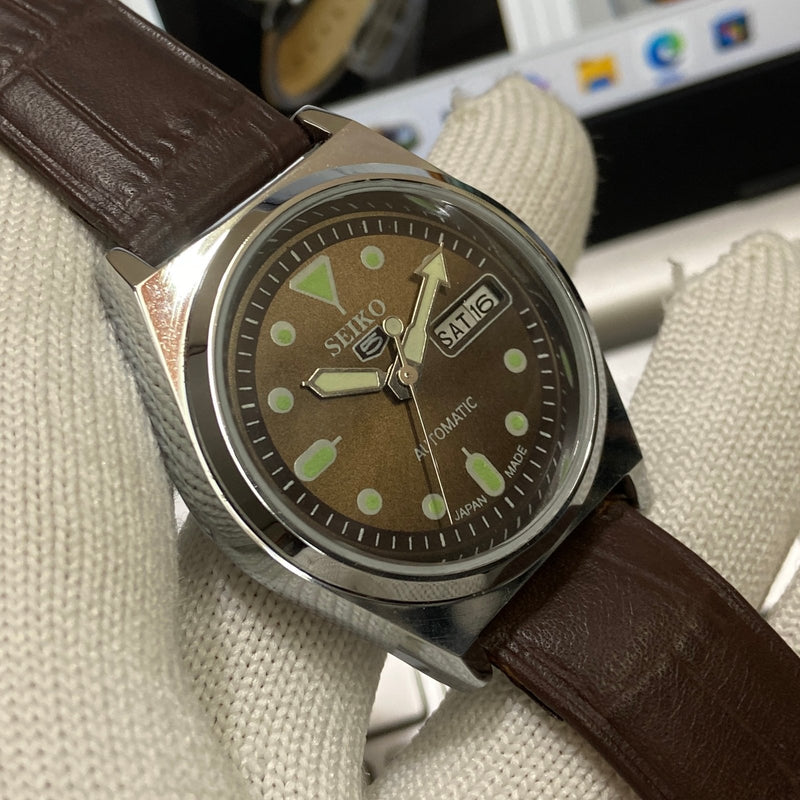 Vintage MOD Seiko 5 Automatic 17Jewels Cal. 6309 Brown Face Brown Band Men's Wrist Watch SB01