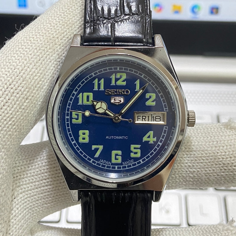 Vintage MOD Seiko 5 Automatic17Jewels Cal. 6309 Blue Face Black Band Men's Wrist Watch SB13