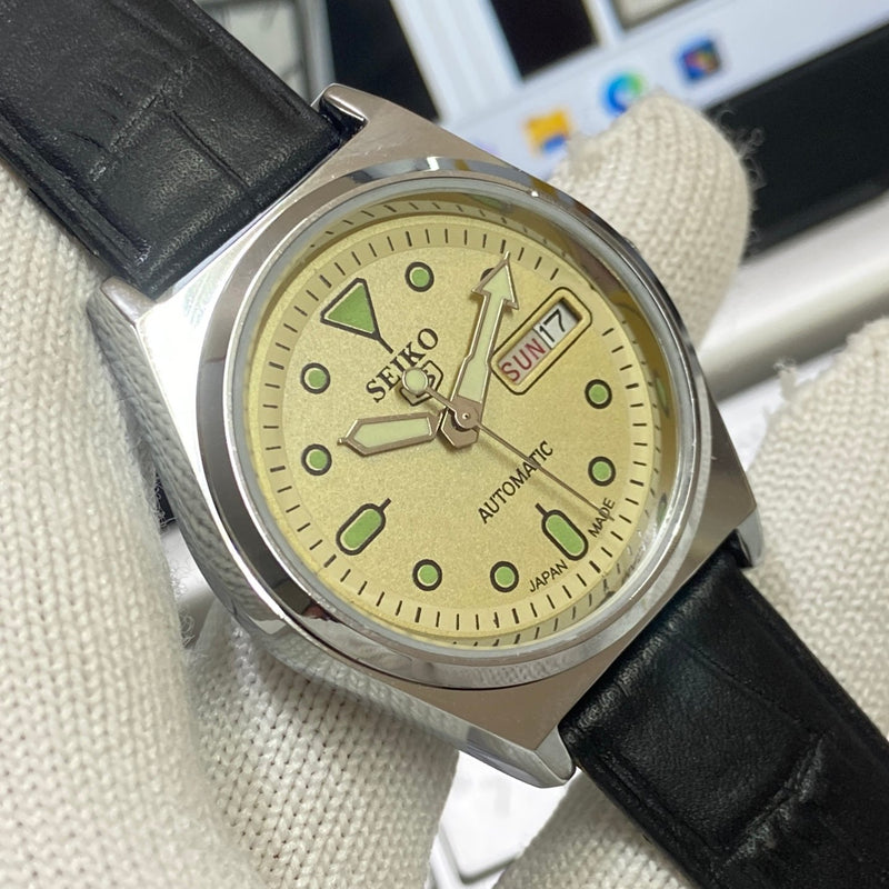 Vintage MOD Seiko 5 Automatic17Jewels Cal. 6309 Yellow Face Black Band Men's Wrist Watch SB20