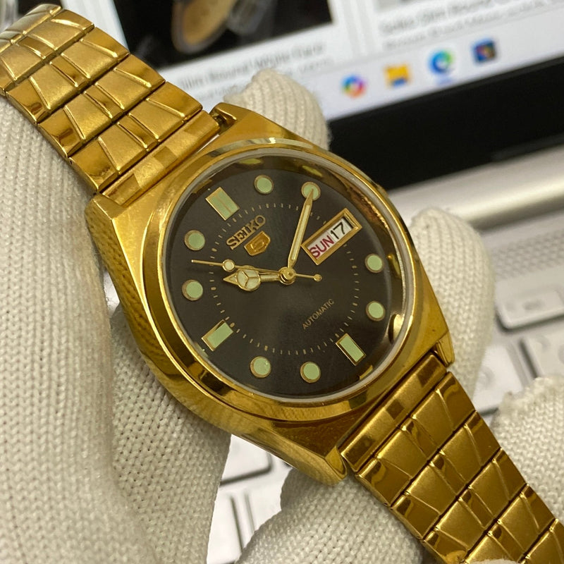 Vintage MOD Seiko 5 Gold Plated Automatic 17 Jewels Cal. 6309 Black Face Men's Wrist Watch SC08