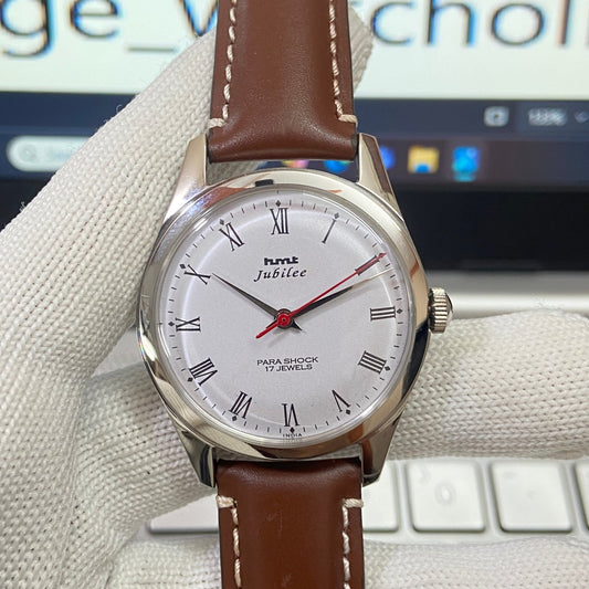 Vintage Mod HMT Jubilee Hand Winding 17 Jewels White Face Brown Band Men's Wrist Watch B02