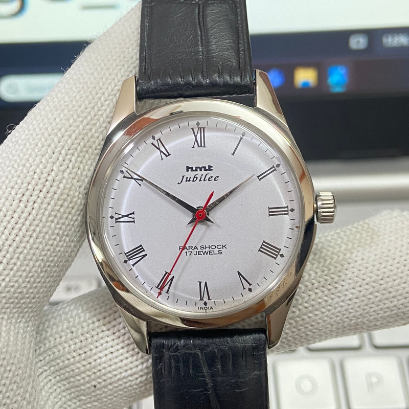 Vintage Mod HMT Jubilee Hand Winding 17 Jewels White Face Black Band Men's Wrist Watch B03