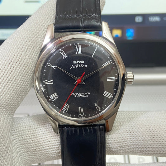 Vintage Mod HMT Jubilee Hand Winding 17 Jewels Black Face Black Band Men's Wrist Watch B04