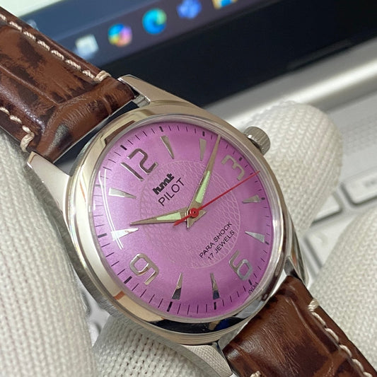 Vintage Mod HMT Pilot Hand Winding 17 Jewels Purple Face Brown Band Men's Wrist Watch B05