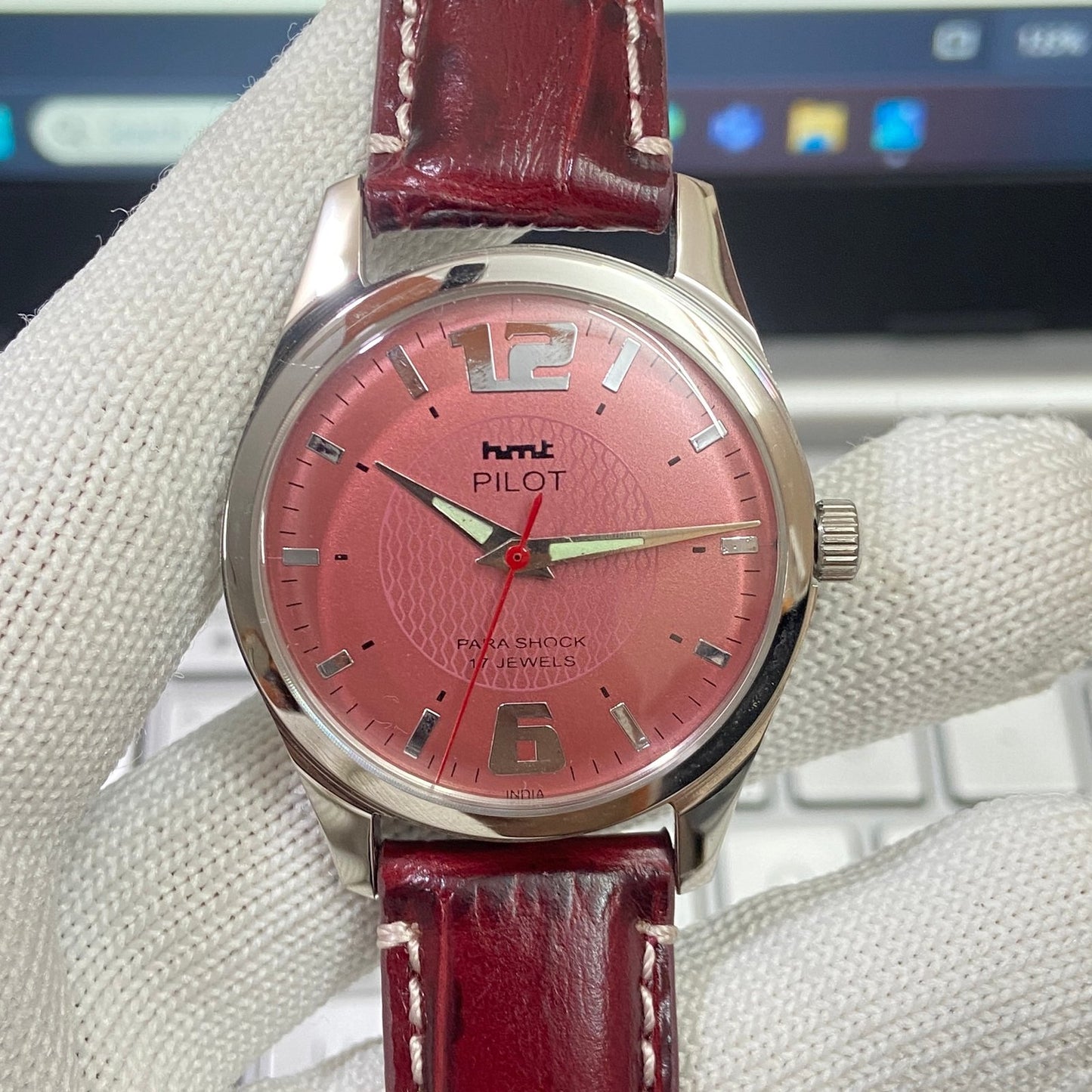 Vintage Mod HMT Pilot Hand Winding 17 Jewels Pink Face Brown Face Men's Wrist Watch B06
