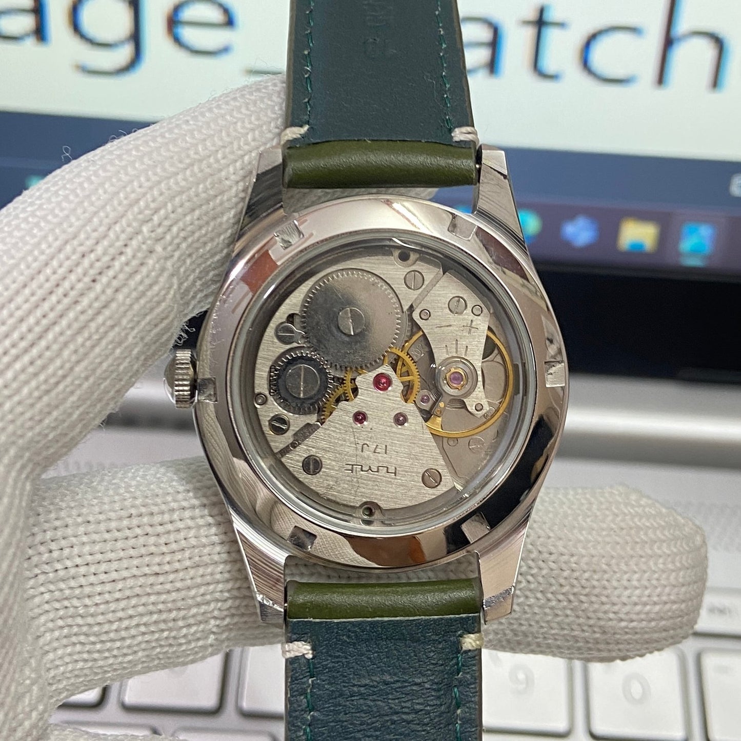 Vintage HMT Devanagari Hand Winding 17 Jewels Green Face Green Band Men's Wrist Watch B21