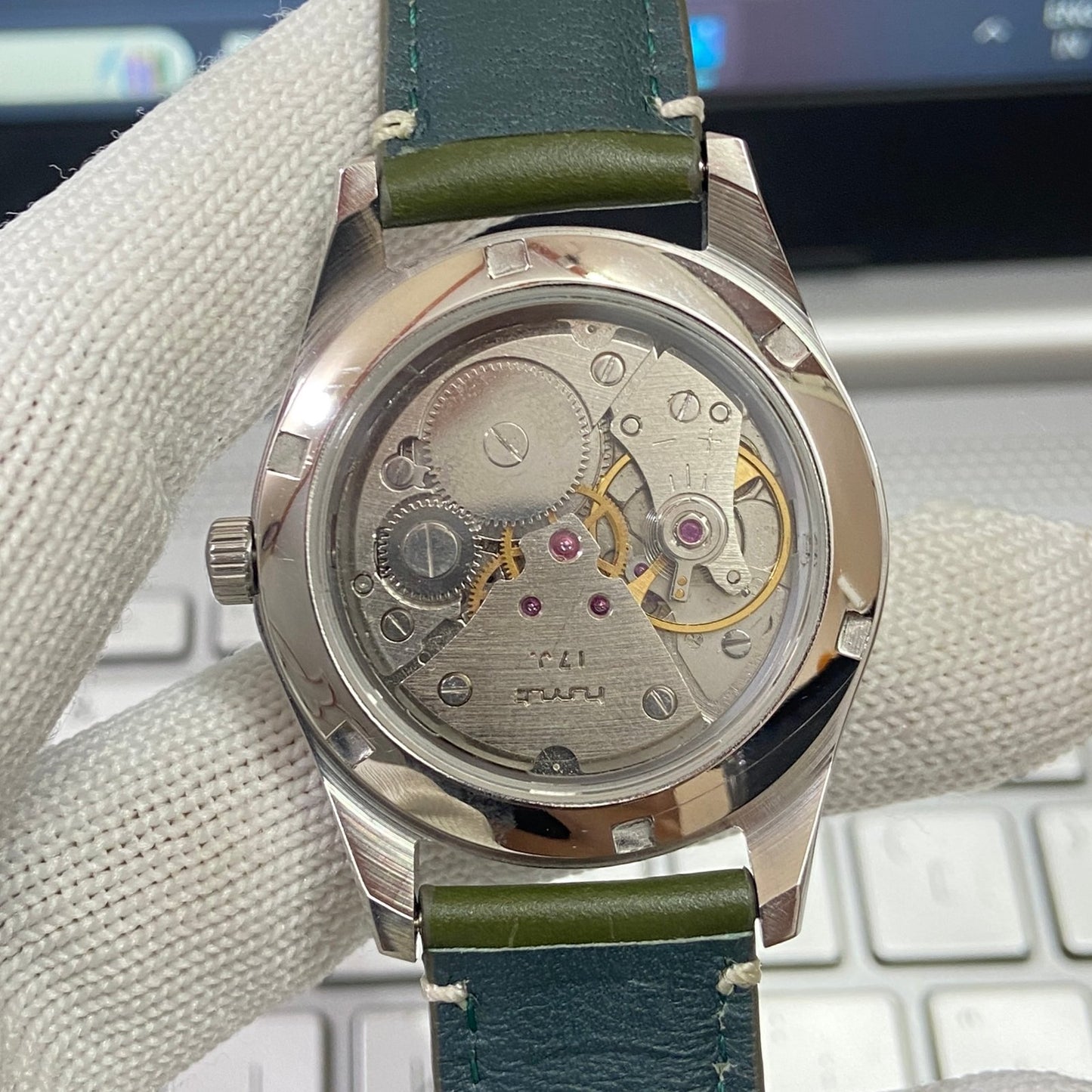 Vintage HMT Janata Hand Winding 17 Jewels Orange Face Green Band Men's Wrist Watch B26