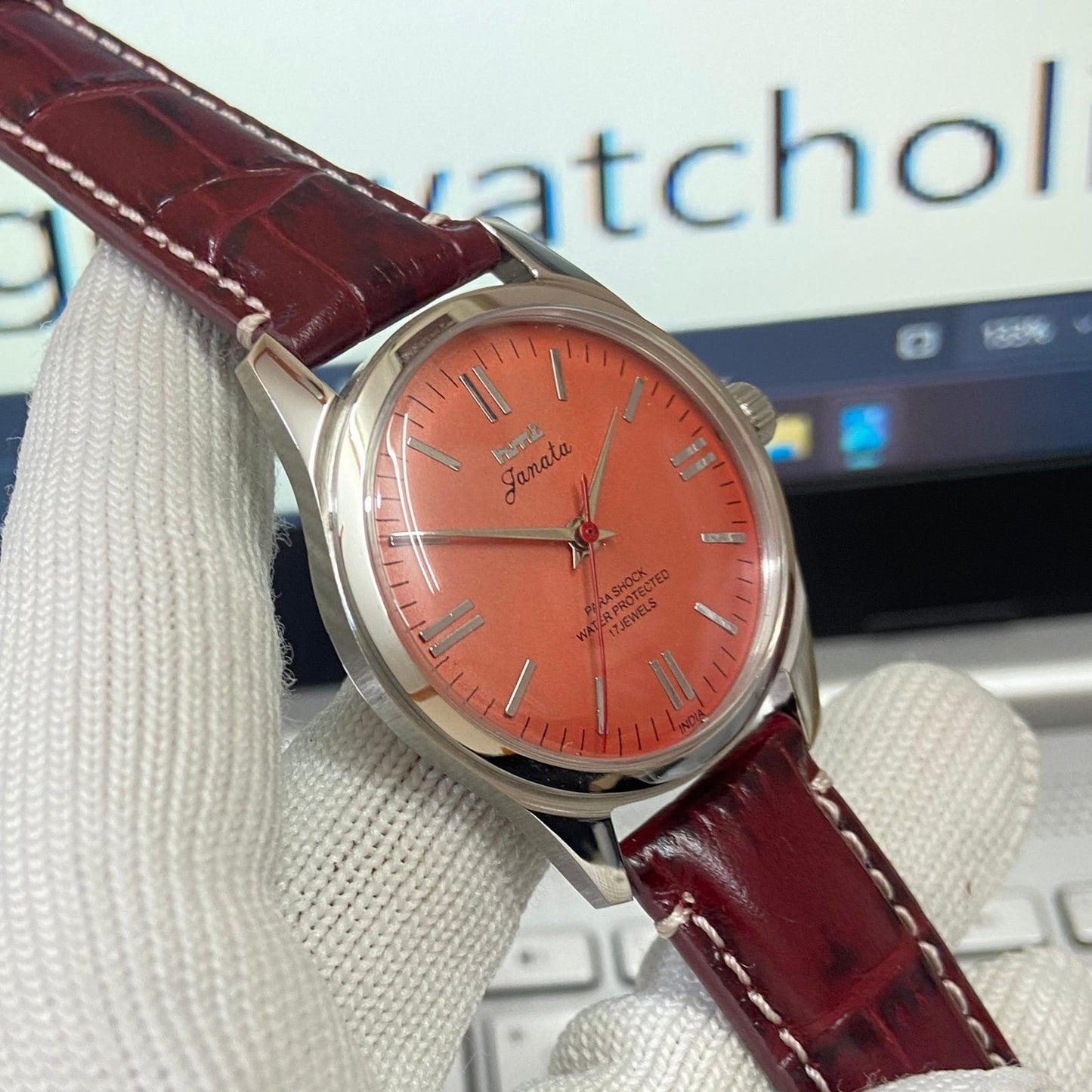 Vintage HMT Janata Hand Winding 17 Jewels Orange Face Red Band Men's Wrist Watch B27
