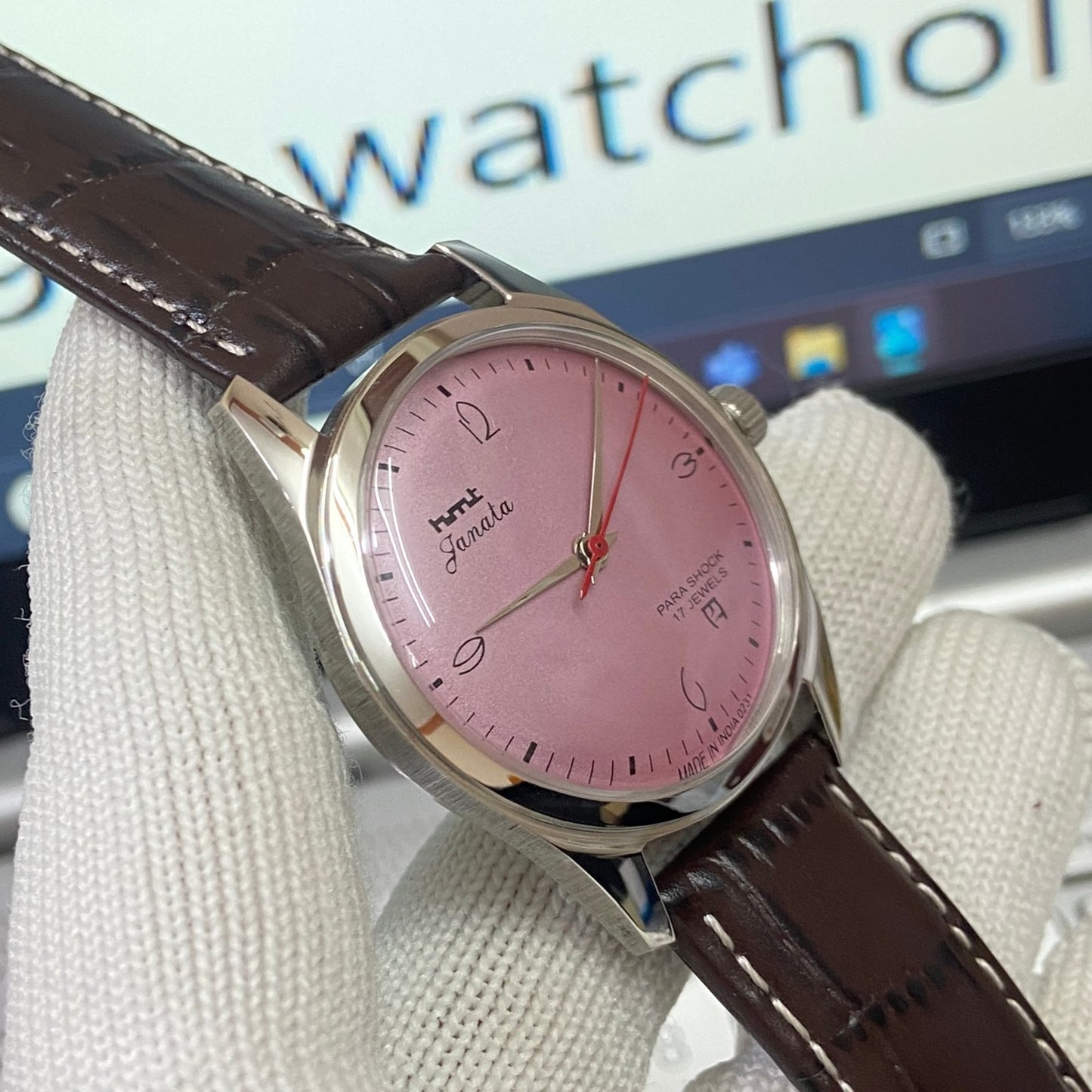 Vintage HMT Janata Hand Winding 17 Jewels Pink Face Brown Band Men's Wrist Watch B28