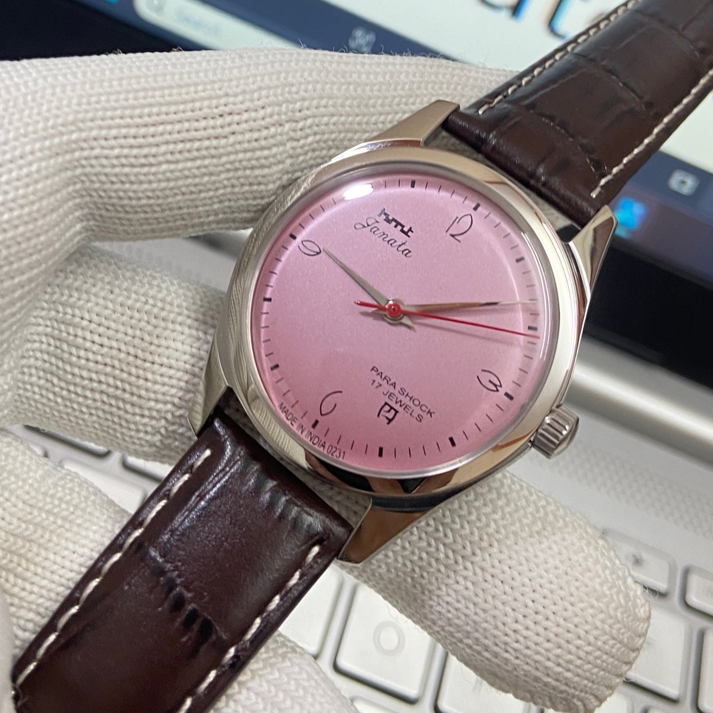 Vintage HMT Janata Hand Winding 17 Jewels Pink Face Brown Band Men's Wrist Watch B28