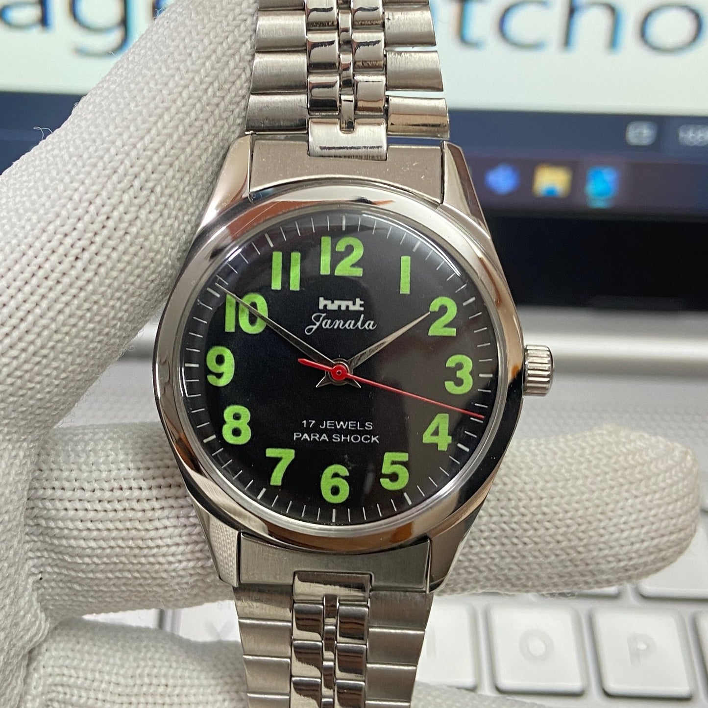 Vintage HMT Janata Hand Winding 17 Jewels Black Face Men's Wrist Watch B32