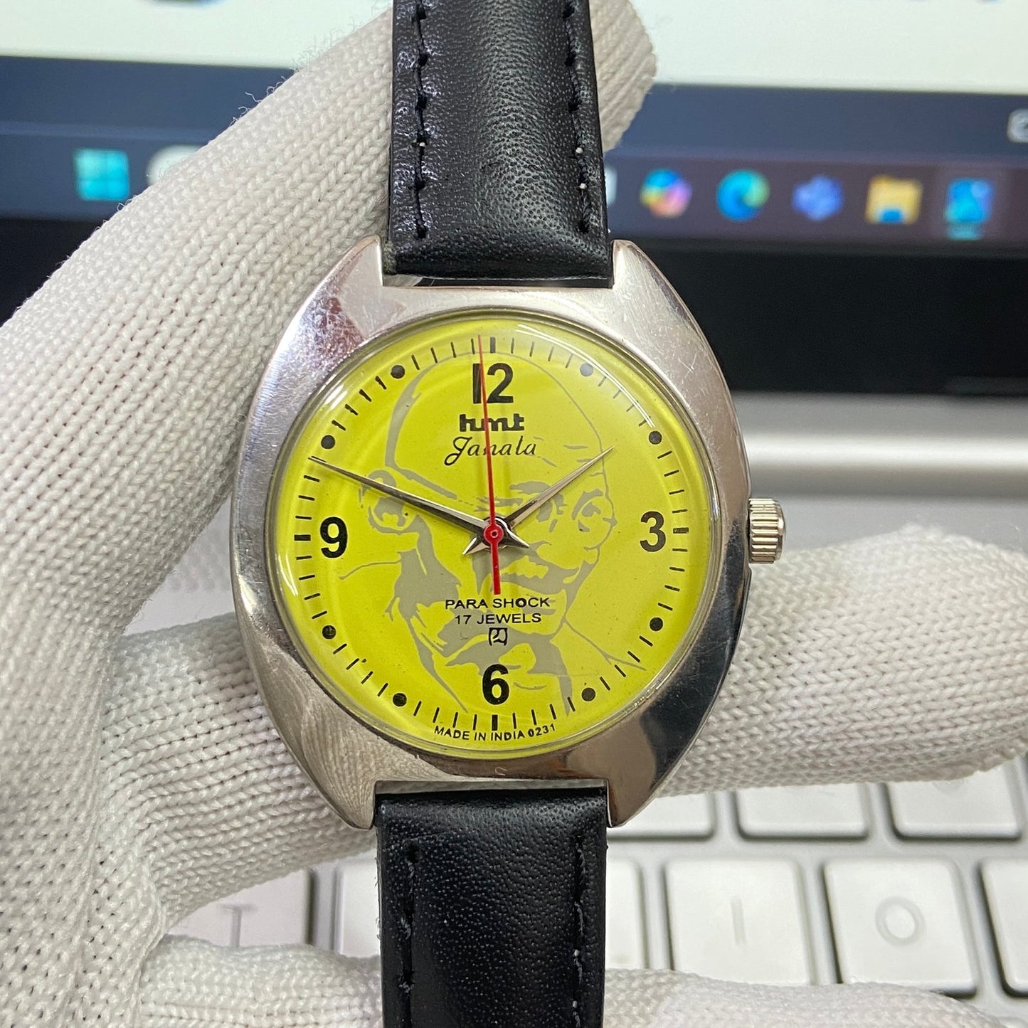 Vintage HMT Janata Gandhi Hand Winding 17 Jewels Yellow Face Black Band Men's Wrist Watch B35