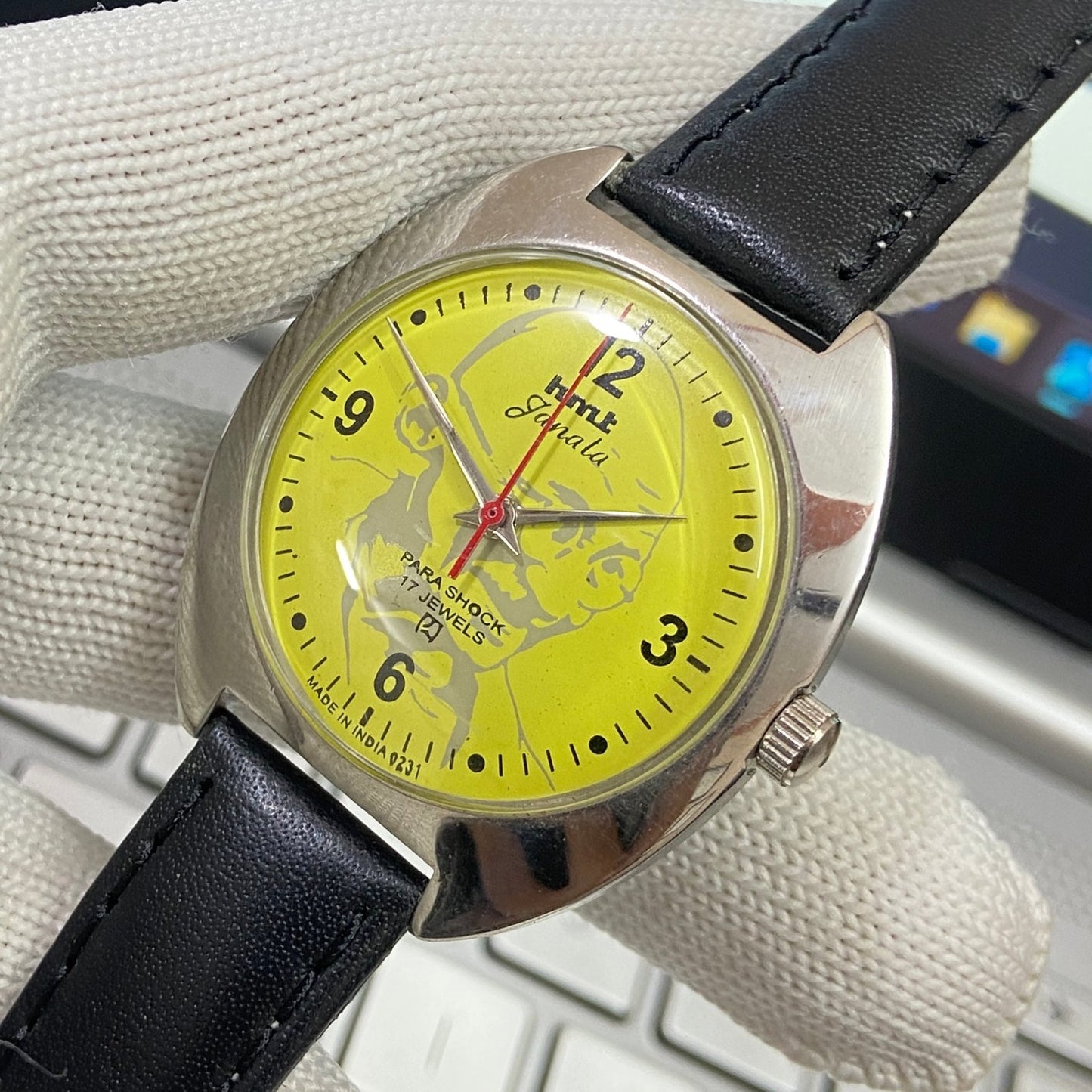 Vintage HMT Janata Gandhi Hand Winding 17 Jewels Yellow Face Black Band Men's Wrist Watch B35