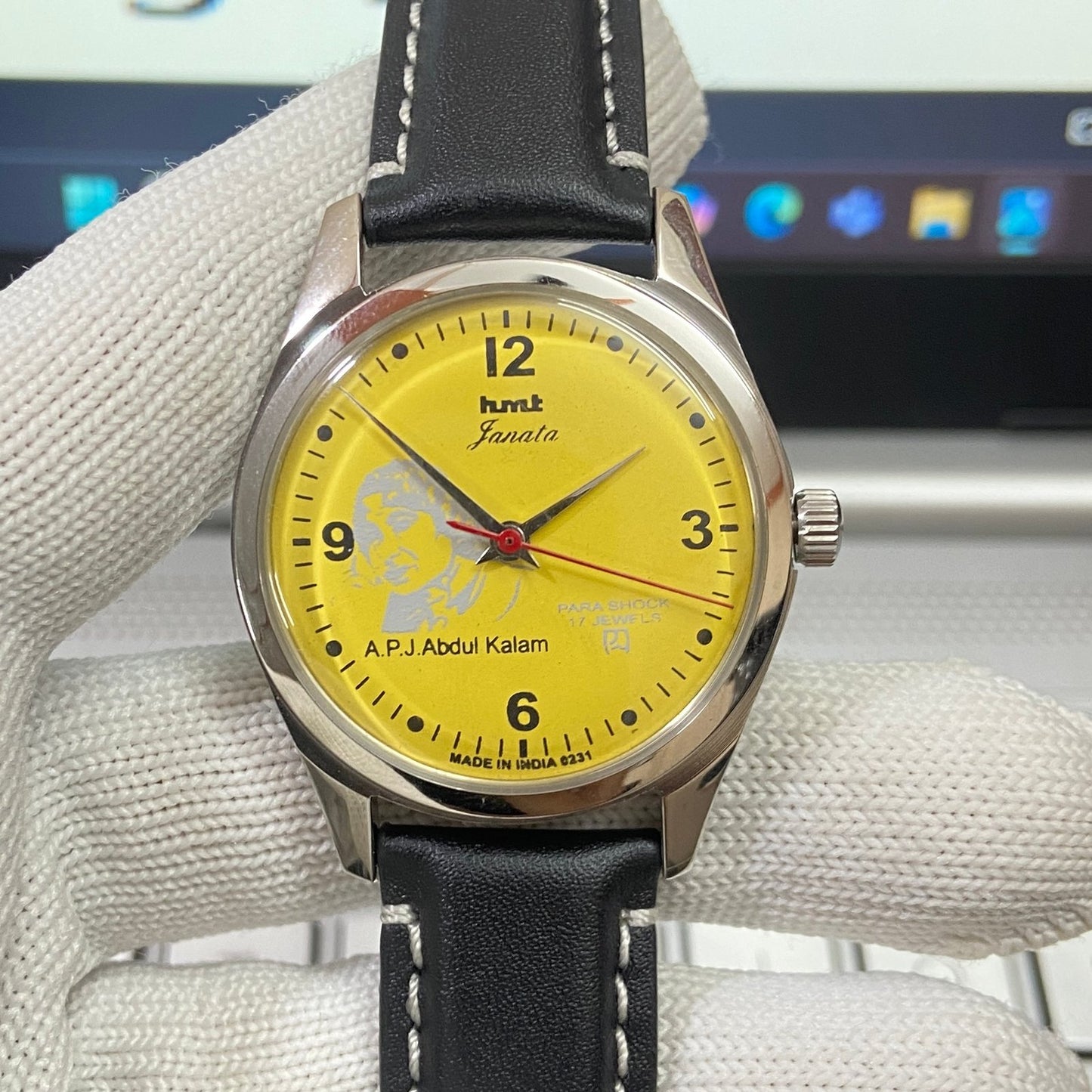 Vintage HMT Janata Kalam Hand Winding 17 Jewels Yellow Face Black Band Men's Wrist Watch B36